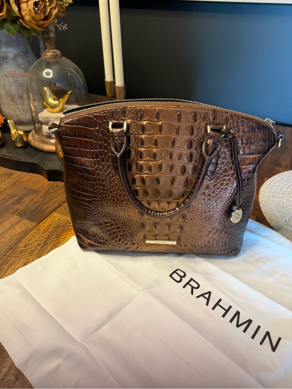 Brahmin Dark Brown Croc-Embossed Leather Satchel